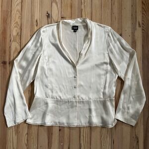 EILEEN FISHER Womens Cream Silk Button Front Flowy Peplum Large Blouse Fancy Top